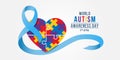 Wolrd Autism Awareness Day banner - blue ribbon roll around colorflu puzzle heart piece sign vector design