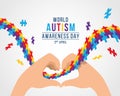 Wolrd Autism Awareness Day banner with Hands In A Heart Shape and colorflu puzzle ribbon around vector design Royalty Free Stock Photo