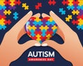 Wolrd Autism Awareness Day banner with Hands hold care colorflu puzzle heart vector design Royalty Free Stock Photo