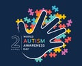 Wolrd Autism Awareness Day - white line hand sign and text on abstract colorful puzzle on dark blue background vector design Royalty Free Stock Photo