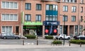 Woluwe-Saint-Pierre, Belgium - Facades of local shops and residential houses at the Stockle square