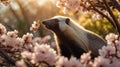 Adorable Honey Badger Sniffing Cherry Blossoms in Spring Royalty Free Stock Photo