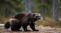 Wolverine in a forest setting, showcasing its muscular build and thick, dark fur with Royalty Free Stock Photo
