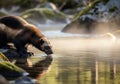 A close-up shot of a powerful wolverine drinking from a tranquil forest stream Royalty Free Stock Photo