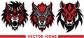 Wolves angry, different warrior heads, Warhammer wolf vector icon of 3 types, green color. Isolated vector sign symbol