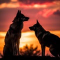 wolves silhouette on sunset Royalty Free Stock Photo