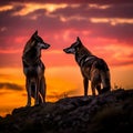 wolves silhouette on sunset