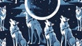 Wolf Moon Pattern, Wolves stand on a dark night under the stars and howl at the glowing moon surrounded by clouds and a clear sky Royalty Free Stock Photo