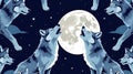 Wolf Moon Pattern, Wolves stand together and howl at the full moon in a starry night sky surrounded by clouds Royalty Free Stock Photo
