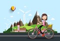 Womam on Bicycle with Castle and Mountains Royalty Free Stock Photo