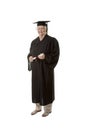 Beauitiful Caucasian woman in a black graduation gown with diploma