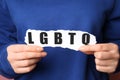 Woman with abbreviation LGBTQ, closeup