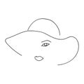 Woman abstract face with hat, one line drawing. Hand drawn outline illustration. Continuous line. Portret female. Vector