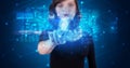 Woman accessing hologram with fingerprint