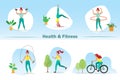 Woman in activities set, dumbbell, yoga, hula hooping, jumping rope, jogging and biking. Leisure and recreation activities in