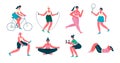 Woman activities. Set of women doing sports, yoga, riding the bicycle, jogging, jumping, fitness. Healthy lifestyle, active Royalty Free Stock Photo