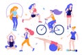 Woman activities. Set of women doing sports, yoga, riding the bicycle, roller-skating, jogging, jumping, fitness. Sport Royalty Free Stock Photo