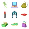 Woman activity icons set, cartoon style