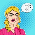 Woman with acute toothache holdint her cheek, tooth hurts vector illustration in pop art comic style eps10