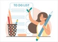 Woman adding check mark in to do list on smartphone screen, vector illustration. Task management, planning, scheduling.
