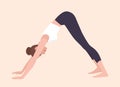 Woman in Adho Mukha Svanasana or downward-facing dog pose. Female cartoon character practicing yoga. Girl stretching