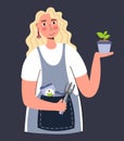 A woman admires a plant a young plant A woman farmer gardener doing work and agricultural hobby Vector illustration