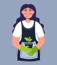 A woman admires a plant a young plant A woman farmer gardener doing work and agricultural hobby Vector illustration