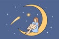 Woman admires starry sky, sitting on crescent and making secret wish during starfall