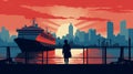 Vintage Travel Poster: Silhouette Of Woman Gazing At Cruise Ship In City