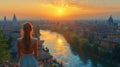 Woman Admiring Sunset Over Verona City from High Vantage Royalty Free Stock Photo