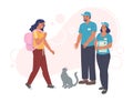 Woman adopting cat from pet shelter, volunteers helping stray animals, flat vector illustration. Homeless pet care.
