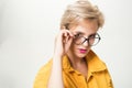 Woman adorable blonde wear eyeglasses close up. Eyewear fashion. Add smart accessory. Stylish girl with eyeglasses
