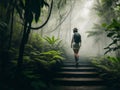 A woman in adventure gear and a hat climbs mossy steps amidst tropical shrubs in a foggy forest