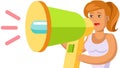 Woman advertises, speaks into device for loud sound reproduction. Lady promoting with megaphone