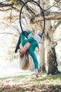 Woman aerial hoop dance in forest Royalty Free Stock Photo