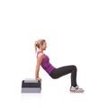 Woman, aerobics step and exercise in studio profile with smile, training or health by white background. Girl, person and Royalty Free Stock Photo