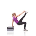 Woman, aerobics step and training in studio profile with smile, exercise or health by white background. Girl, person and Royalty Free Stock Photo