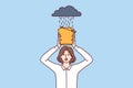 Woman is afraid of rain, covering head with bucket of water, for concept of business problems