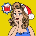 Woman is afraid to weigh herself after the new year. Fun vector illustration pinup style