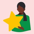 African American woman in a green dress holding a yellow star on a pink background.