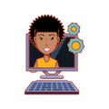 Woman afro hair with computer desktop and gears Royalty Free Stock Photo