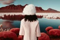 Woman with afro hair wearing pink fluffy fashion coat and white hat standing in the beatiful landscape with red mountains, lake