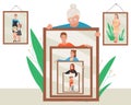 Woman age vector illustration, cartoon flat elderly lady holding mirror with reflection of aging process and different