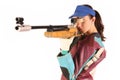 Woman aiming a pneumatic air rifle Royalty Free Stock Photo