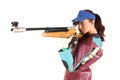 Woman aiming a pneumatic air rifle Royalty Free Stock Photo
