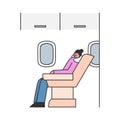 Woman airplane passenger sleeping. Cartoon female travel by plane in economy class