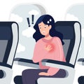 Woman in the airplane suffering from panic attack, fast heartbeat, sweating and trembling.