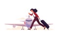 Woman at the airport running with luggage. Tourists with baggage