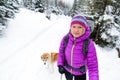 Woman with Akita Inu dog, Karkonosze Mountains, Poland Royalty Free Stock Photo