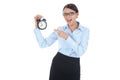 Woman with an alarm clock in a hand.